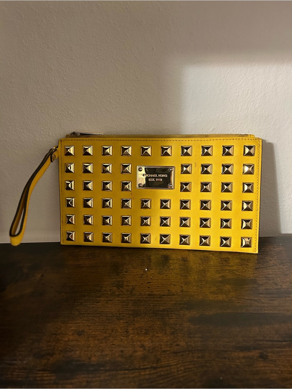Michael Kors Yellow Studded Wristlet Clutch with Gold Accents